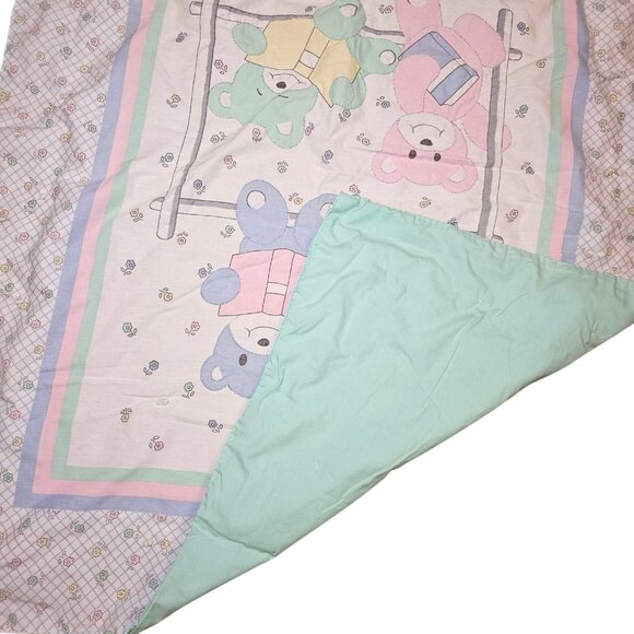VTG 80s Hand Stitched Baby Quilt Blanket Hearts Teddy Bears Reading Books - Picture 7 of 10